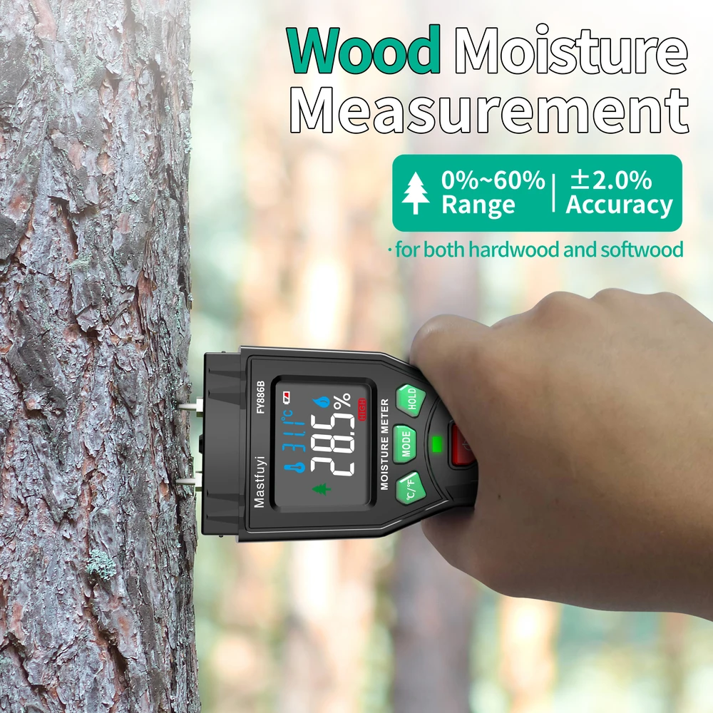 MASTFUYI Handheld Portable Digital Moisture Meter Wood Humidity, Building Materials, Ambient Temperature Detection Color Screen