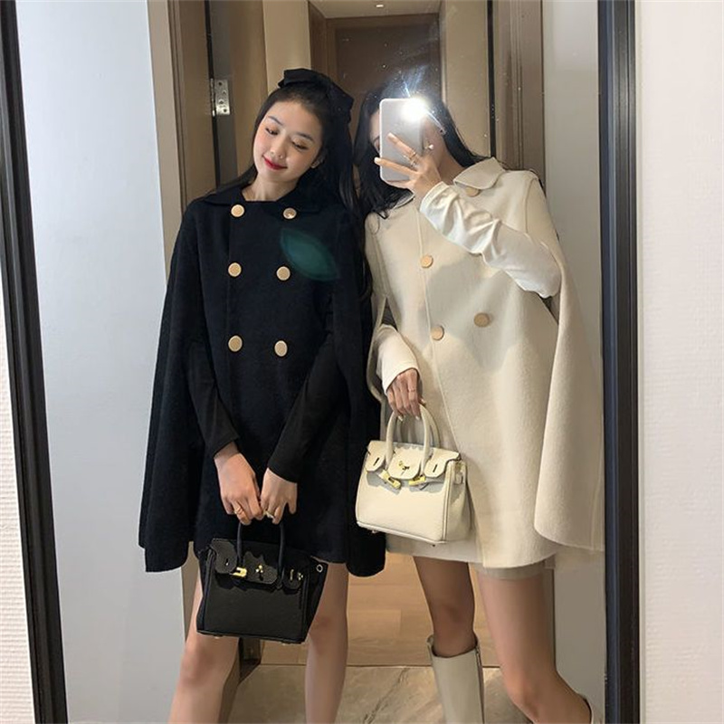 Mode Woolen Poncho Mäntel für Frauen Herbst Winter Solide Cape Mantel Mantel Lose Mantel Weibliche Zweireiher Revers Jacken