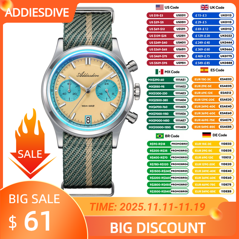 ADDIESDIVE 2025 НОВЫЕ мужские часы 60 минут хронограф кварцевые наручные часы пузырь зеркало стекло светящиеся водонепроницаемые мужские часы 38 мм