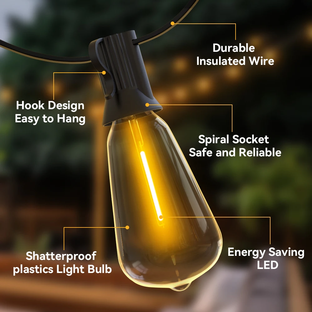 Lichterkette für den Außenbereich, ST38, Terrassen-Hängeleuchten, dekorative Lichterkette für den Garten, mit bruchsicheren LED-Lampen, 2200 K, für den Außenbereich
