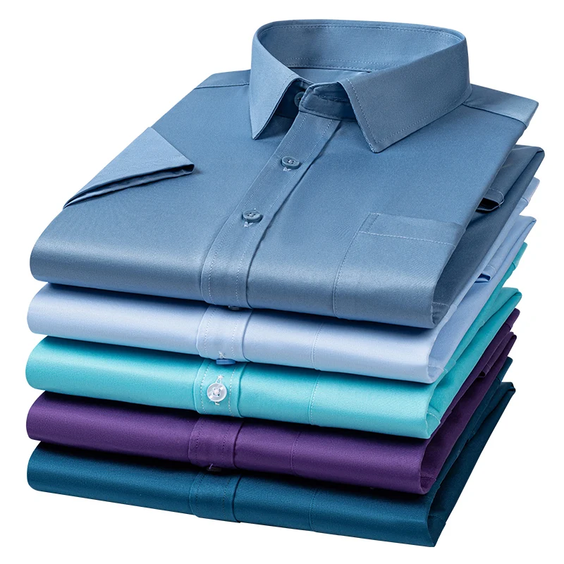 Camisas antiarrugas para hombre, camisas de vestir de manga corta, ajustadas, blusa de negocios Social, Camisa blanca con bolsillo, S-7XL