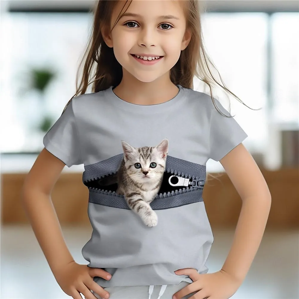 สาวเสื้อผ้า 3D Cat พิมพ์เสื้อผ้าเด็กแขนสั้น Tee Tops ฤดูร้อนเด็กเสื้อผ้าสบายๆเด็ก Top แมวสาว T เสื้อ