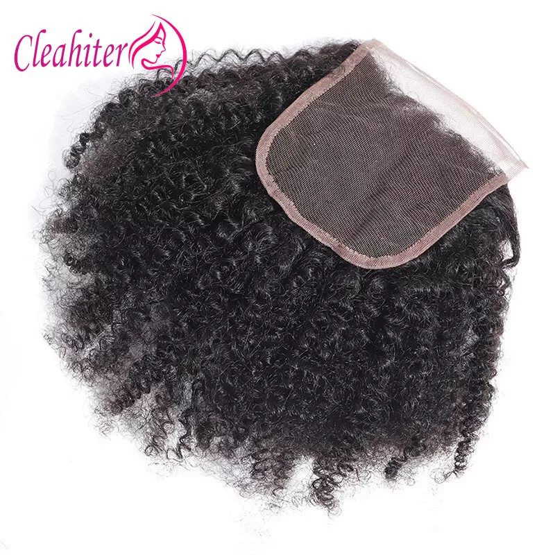 Cabello humano mongol Afro rizado con cierre de encaje 4x4, predesplumado, 150% de densidad, parte de encaje transparente, Color Natural, 10-18 pulgadas