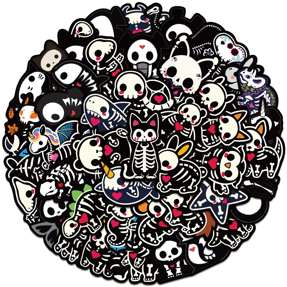 50pcs Cute Cartoon Animals Skeleton Skull Stickers for Laptop Water Bottle Luggage Notebook Waterproof Graffiti Vinyl Decals