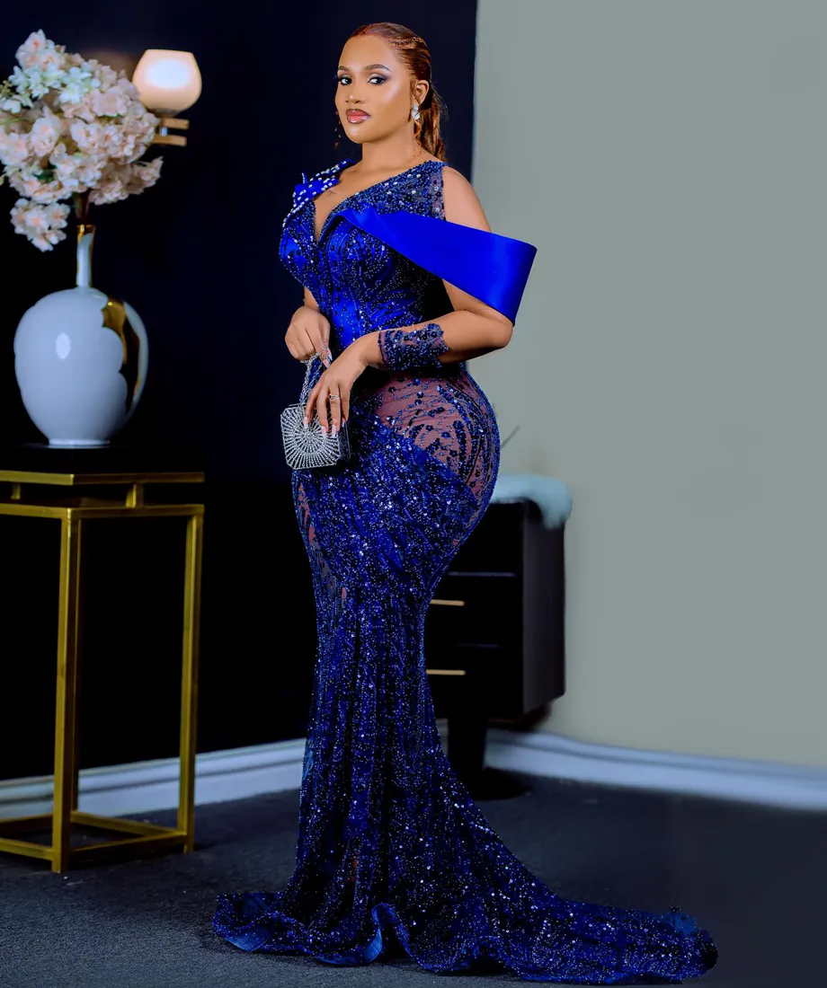 Customized Royal Blue Aso Ebi Prom Dresses Long Sleeves Mermaid Beaded Lace Formal Evening Gowns Illusion Engagement Dresses