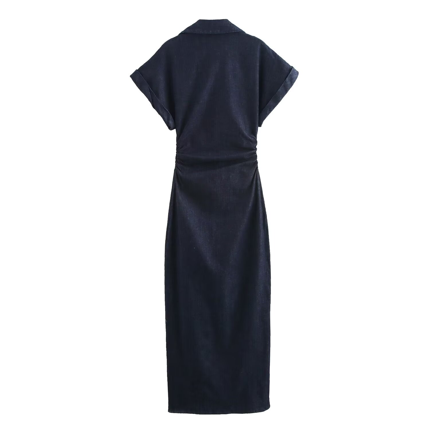 ETJ 2025 Frühjahr Neues Denim-MIDI-Kleid der 1975-Serie mit Revers und seitlichem Reißverschluss, modisches, schlankes, elegantes Kleid mit Faltenbund