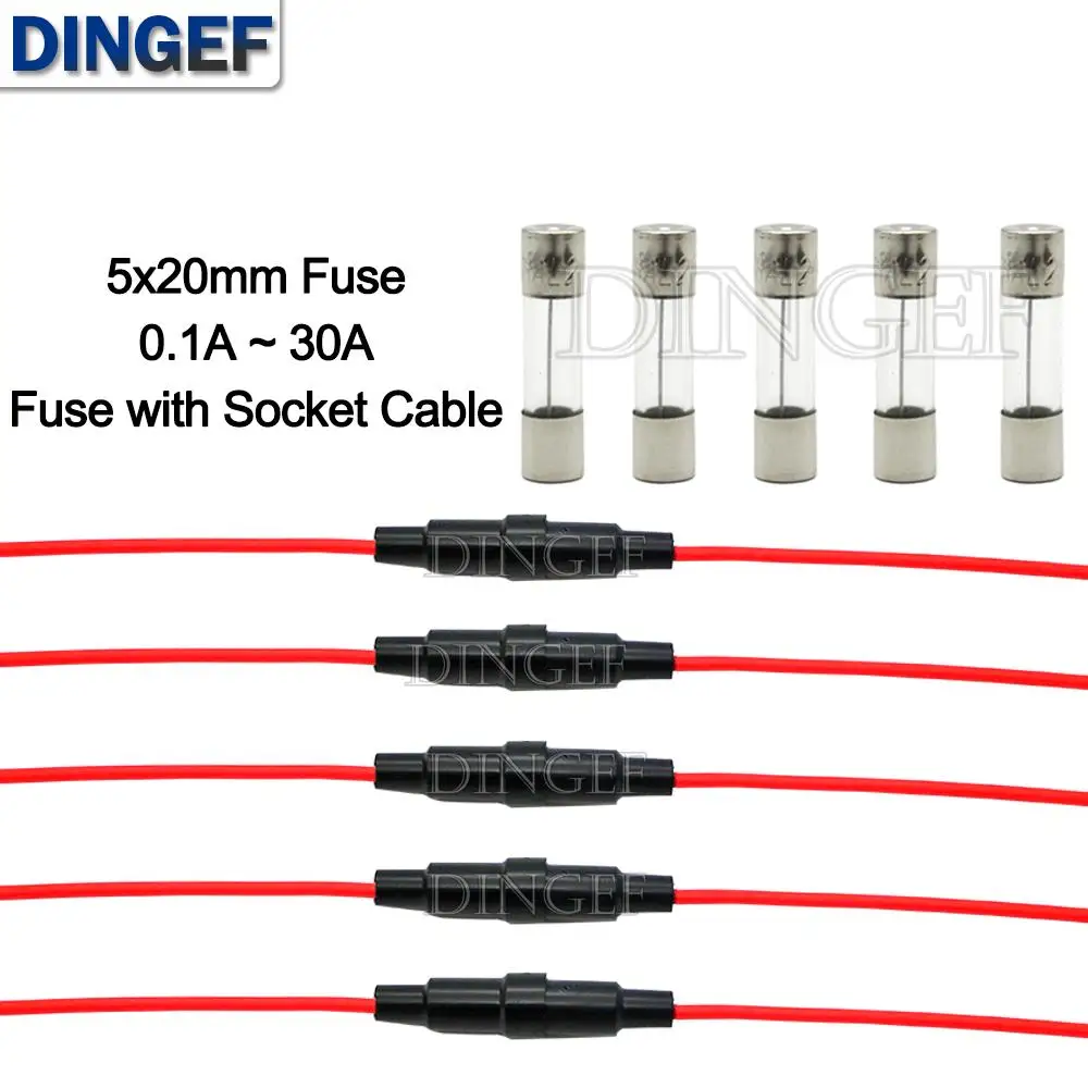 10 Uds 5 uds 5*20mm portafusibles de vidrio tipo tornillo 5X20mm con 5 uds 22AWG Cable 5X20MM tubo de fusible de vidrio (5 uds + 5 uds = 10 Uds) 5 juegos