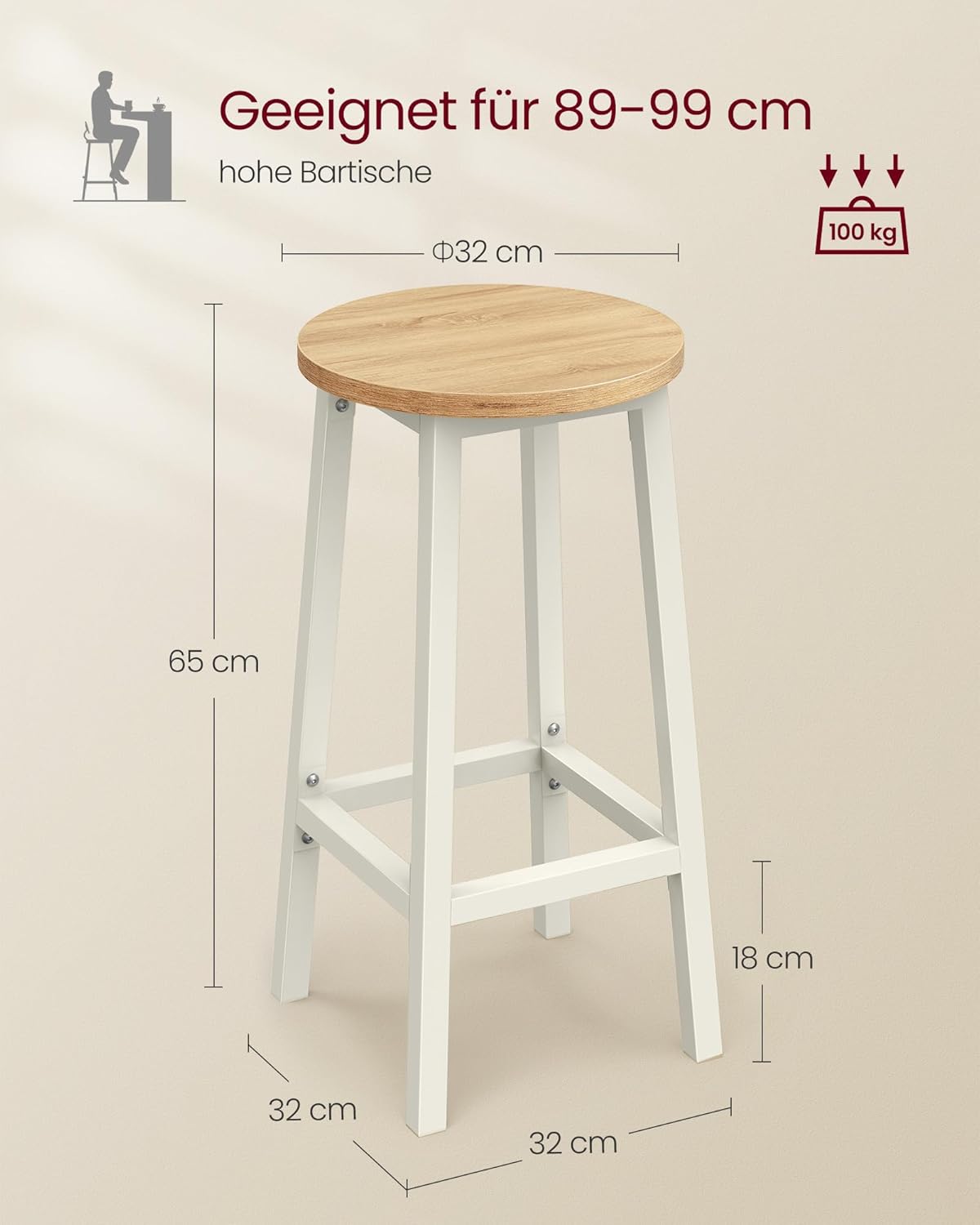 Barhocker, 2er-Pack, Küchenstuhl, High-Sitz, with Footrest, for Kitchen, Wohnzimmer, Classic Oak Beige and White, LBC032W09