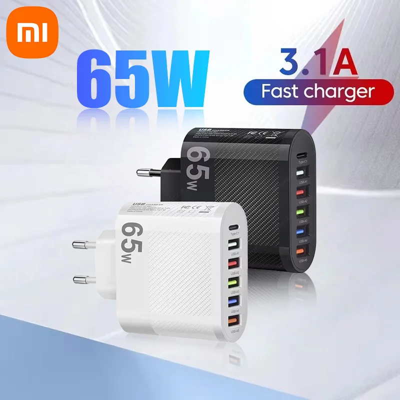 Cargador Xiaomi 3.1A 5 puertos USB PD 65W adaptador de carga de pared QC 3,0 para iPhone 14 Samsung carga de enchufe de teléfono móvil