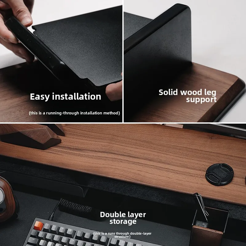 ไม้วอลนัทคอมพิวเตอร์ Riser พร้อมลิ้นชัก Desktop Storage Rack Double-Layer ขาตั้ง Modern Office Space Saving Organizer