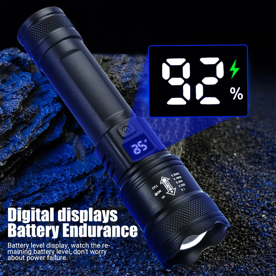 9900LM 강력한 LED 손전등 배터리 디스플레이 USB 충전식 라이트 텔레스코픽 줌 토치 램프 야외 캠핑 낚시 랜턴