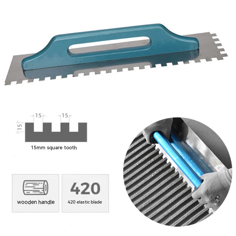 Ceramic Tile Trowel with Wood Handle, 15mm Serrated Trowel, Floor and Wall Leveling Slot, Bricklayer Tiling Tool, 48cm
