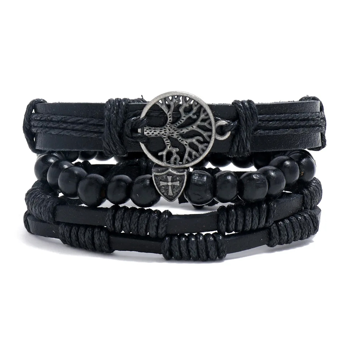 4 Teile/satz Geflochtene Wrap Leder Armbänder für Männer Vintage Lebensbaum Ruder Charme Holz Perlen Ethnische Seil Armband