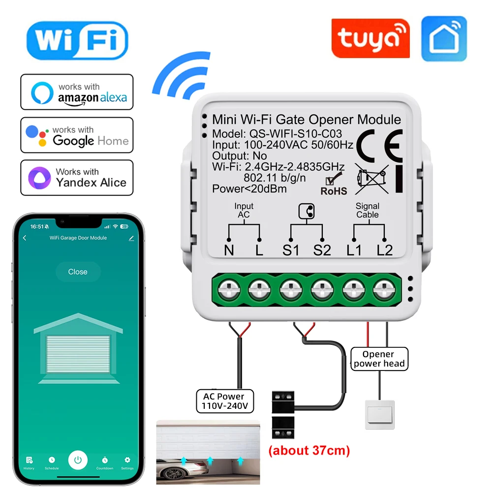 Tuya Mini WiFi устройство открывания гаражных ворот Smart Life App Дистанционное голосовое управление Модуль переключателя ворот работает с Alice Alexa Google Home