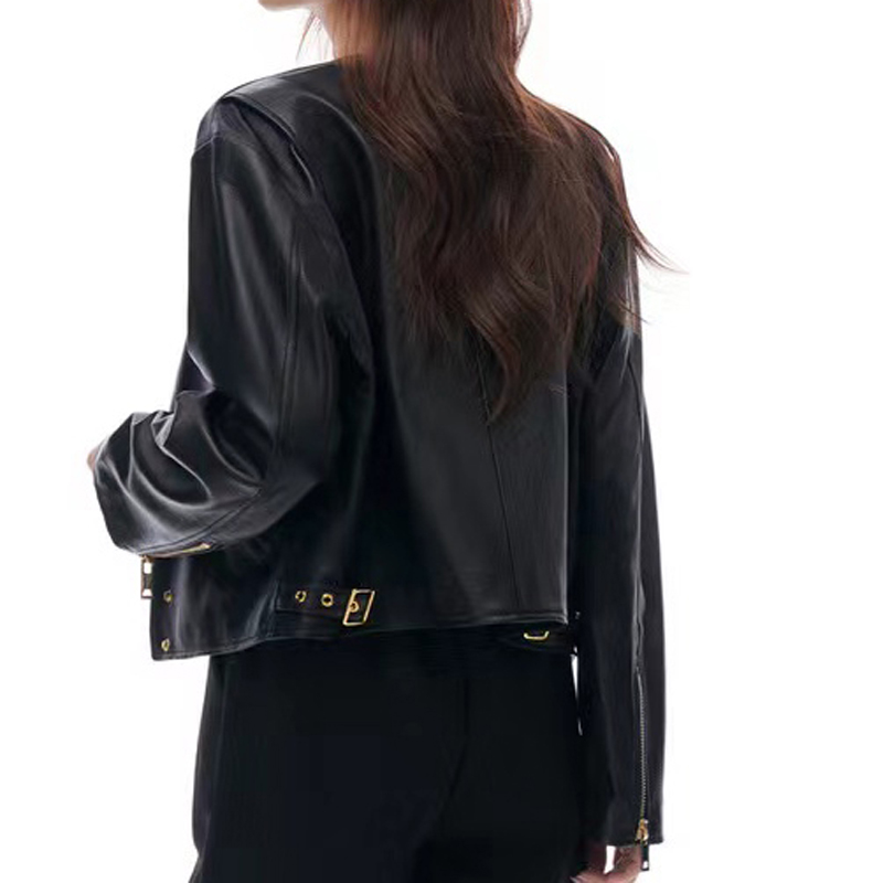 Chaquetas de cuero con cuello redondo y dobladillo curvo para Mujer, abrigo informal de marca, chaqueta Bomber, otoño e invierno, 2024