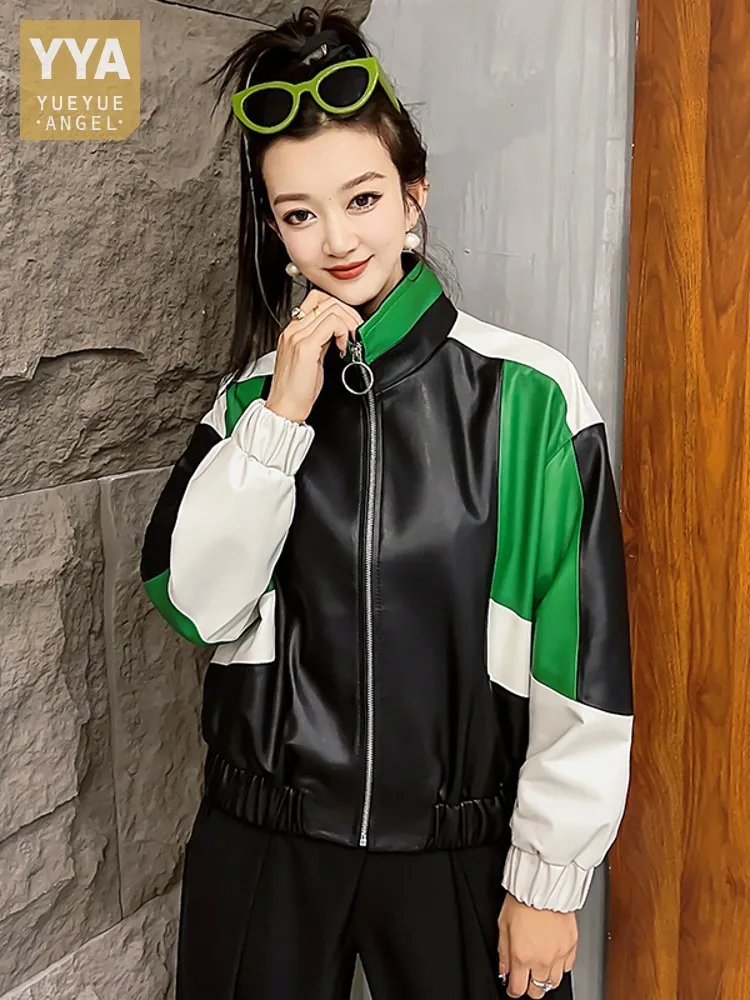 Boyfriend Style Frauen Herbst Loose Fit Mischfarben Echt leder Bomber jacke Stehkragen Echte Schaffell Mantel Streetwear
