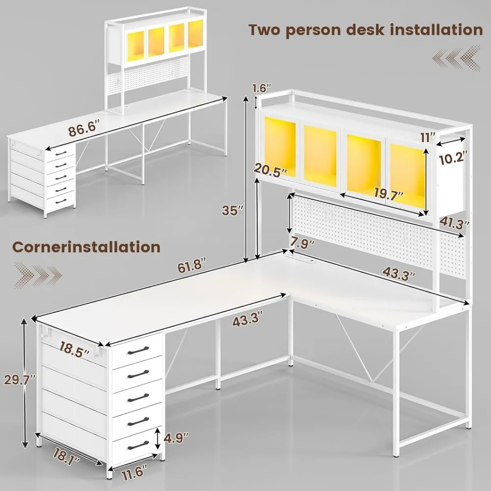 L Shaped Computer Desk with Hutch and Storage Shelves, Gaming Desk, Led Lights, and Power Outlet, Home Office Desk, Corner Desk