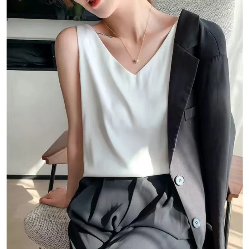 S-3XL de encaje de seda satinada para mujer, camisetas sin mangas de verano, chaleco, blusa informal para mujer con cuello en V, correas sin mangas, chaleco con cuello en V, camisa para mujer