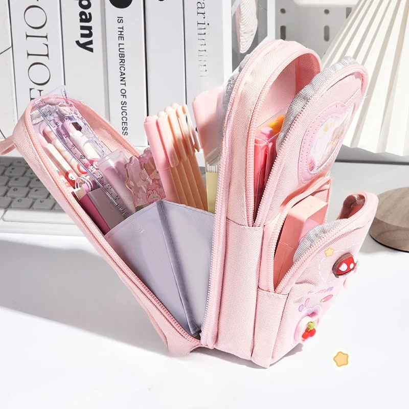 Handheld Backpack Pencil Case Cute Cartoon Dirt Resistant Canvas Three-layer Large Capacity Stationery Bag Storage Bag