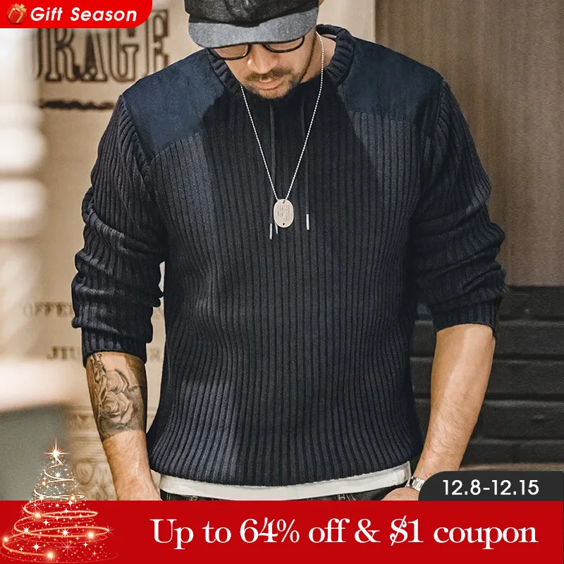 Maden-suéter de Raya Vertical con cuello redondo para hombre, Jersey de punto Retro ajustado, diseño de costura con parche, suéteres clásicos, ropa