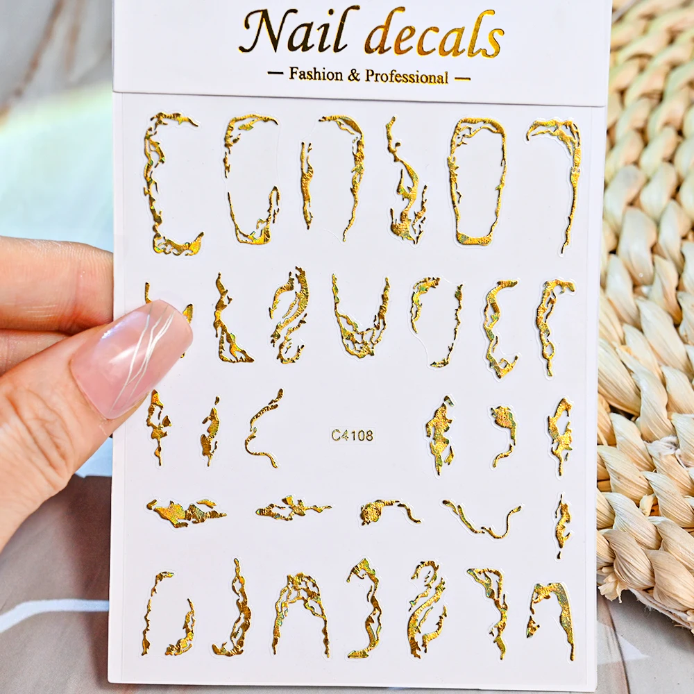 1 ชิ้น 3D โลหะ Silver Line/เปลวไฟสติกเกอร์เล็บ Gold Thorns Vine Curve Stripe Sliders ไม่สม่ําเสมอกรอบกาวเล็บ Decals