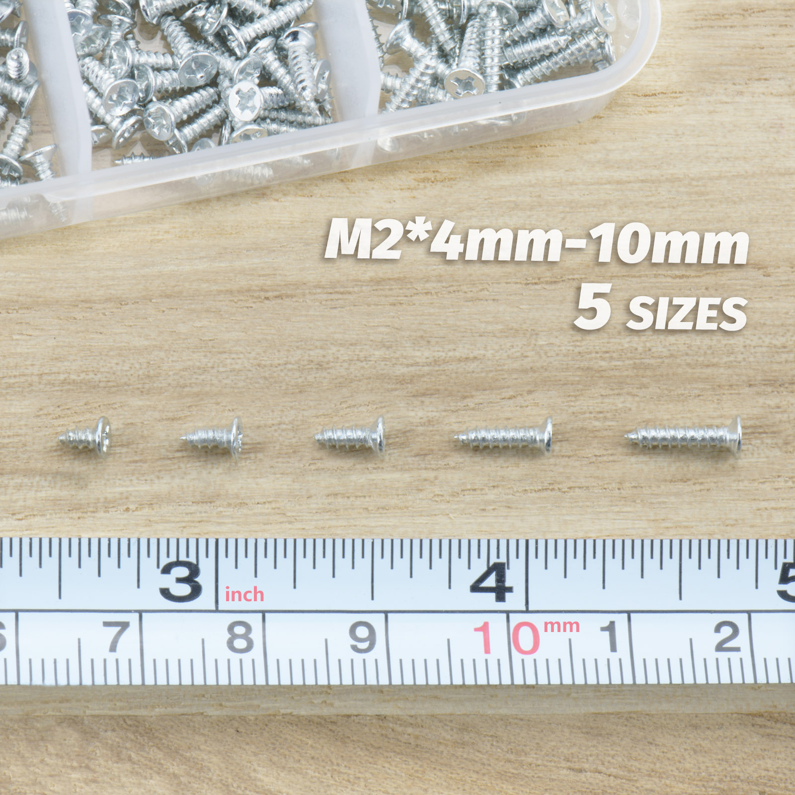 500Pcs M2 Self Tapping Phillips Screws Assortment Kit 5 Sizes Alloy Steel Cross Drive Flat Head Self Drilling Wood Screws DIY