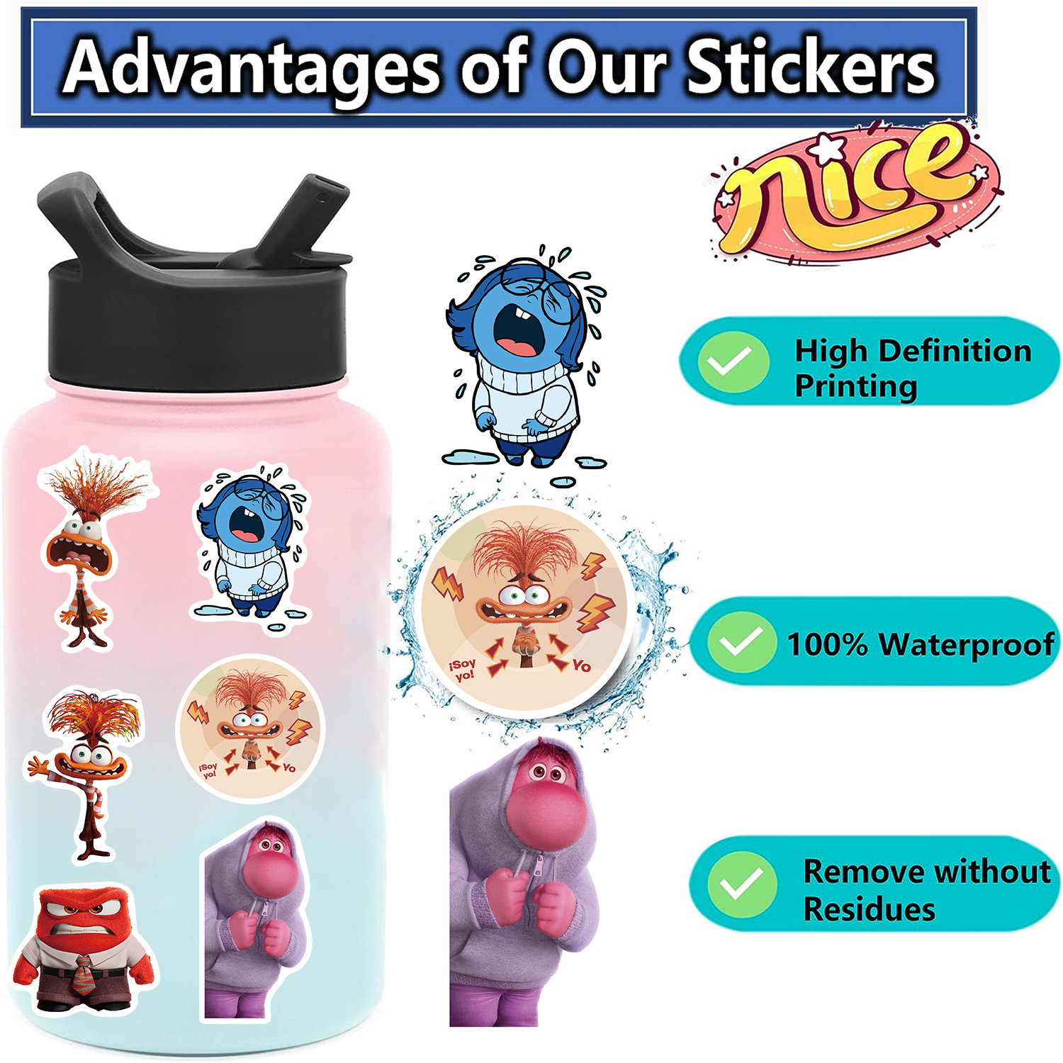 50 Uds. De pegatinas de película de Disney Inside Out, decoración de grafiti de dibujos animados, monopatín, portátil, Notebook, equipaje, calcomanía impermeable, juguete