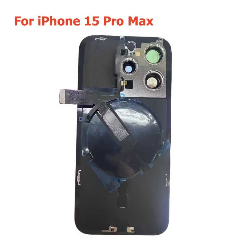Para iPhone 15 Pro Max 15 Plus cubierta trasera de cristal carcasa de puerta trasera con Cable flexible inalámbrico reemplazo de placa de Metal