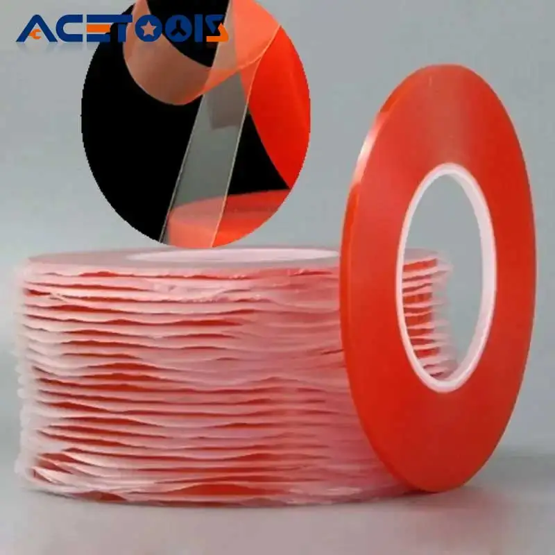 0,2 MM 1/2/3/5/10mm 50M Starke Acryl Klebstoff PET Rot Film Klar doppelseitiges Klebeband Keine Spur Für Telefon Tablet LCD Bildschirm Glas