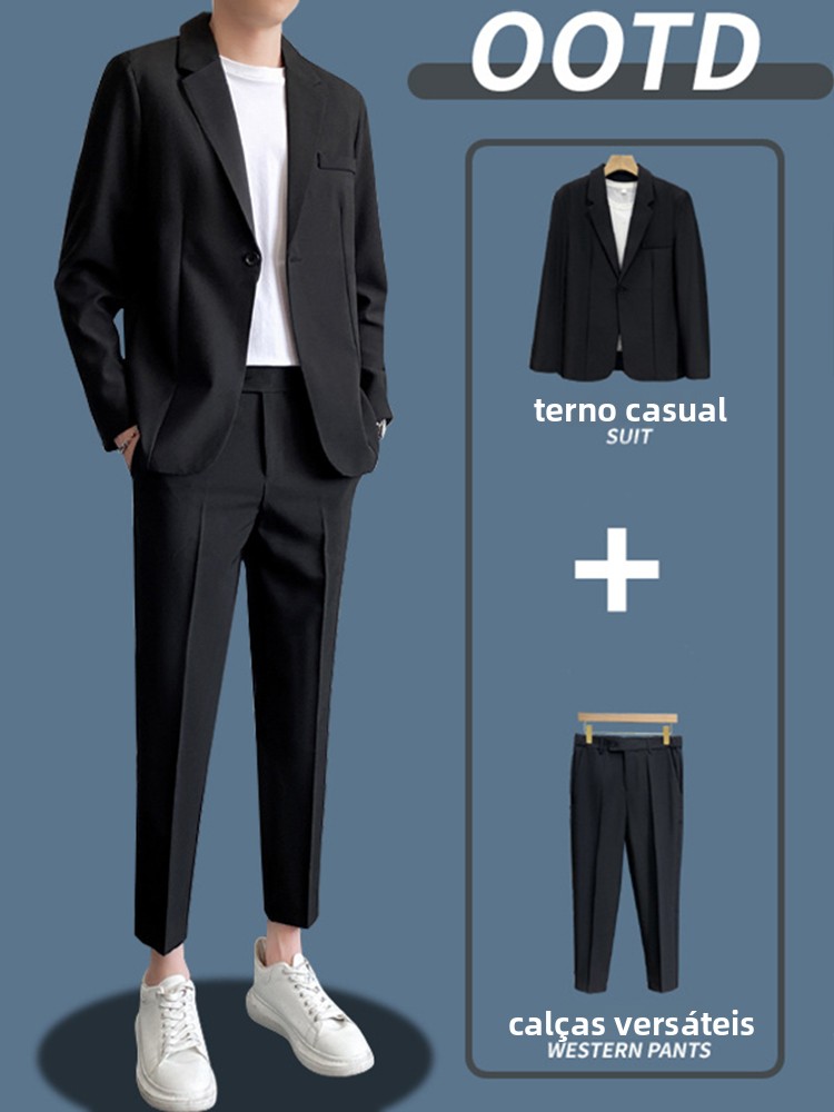 Conjunto Casual Masculino de Duas Peças: Jaqueta e Calça Leve, Tendência de Maturidade, Gola a, Botão Único, Cor Pura