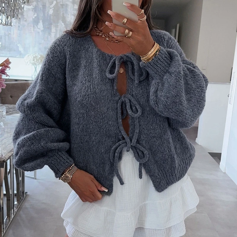 Suéter de punto elegante para mujer, jersey Y2K, cárdigans Vintage con lazo frontal, prendas de punto holgadas de manga larga con cuello en V para otoño