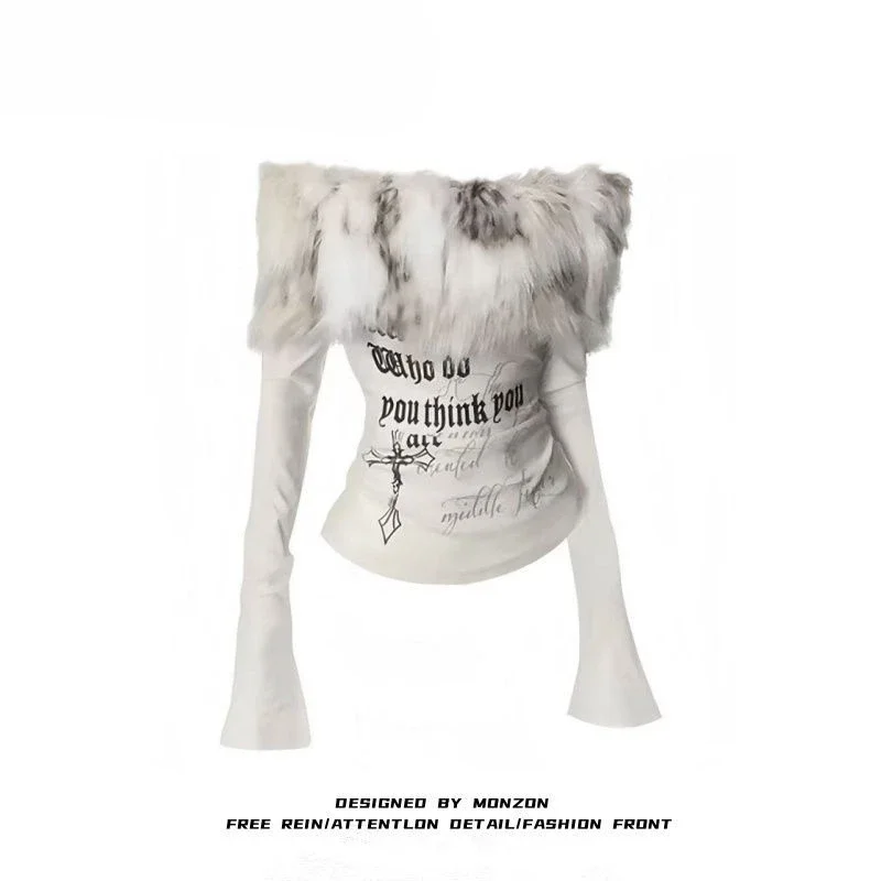 Y2k Emo-ropa de calle coreana para mujer, Tops con cuello de piel japonesa y hombros descubiertos, camiseta estética de manga larga con letras, ropa Alt de los años 2000