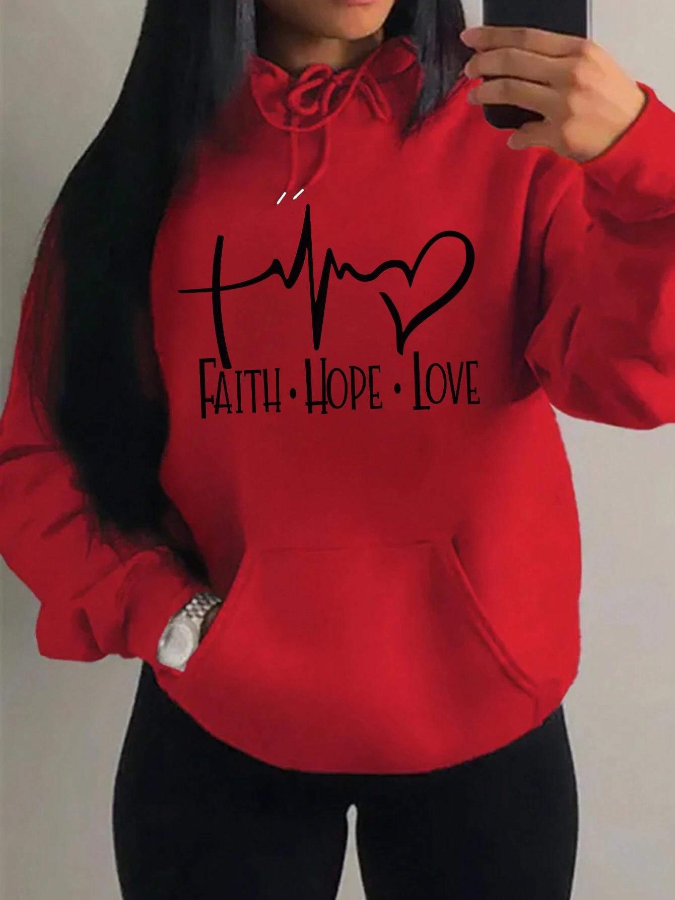 Geloof Hoop Liefdesbrief Grafische Vrouwen Hoody Straat Casual Losse Hoodies Herfst Fleece Trui Hip Hop O-hals Kleding Vrouwelijke