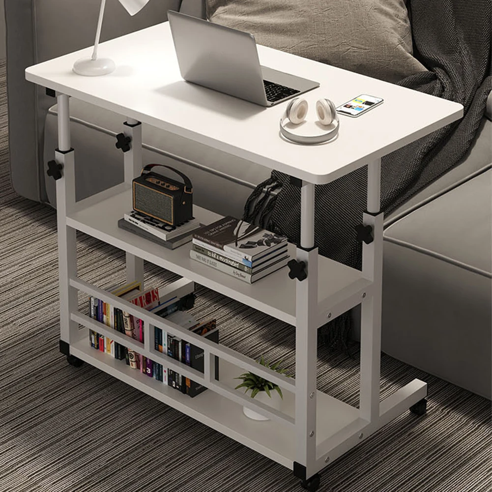 Mobile Laptop Standing Desk Adjustable Bedside Laptop Desk with Rolling Wheels Multi-Layer Storage Shelf Wooden Laptop Table