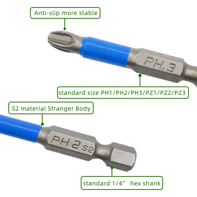 6pc 50mm PH1 PH2 PH3 PZ1 PZ2 PZ3 Set di punte per cacciavite magnetico 1/4 "codolo esagonale antiscivolo Phillips accessori per utensili elettrici