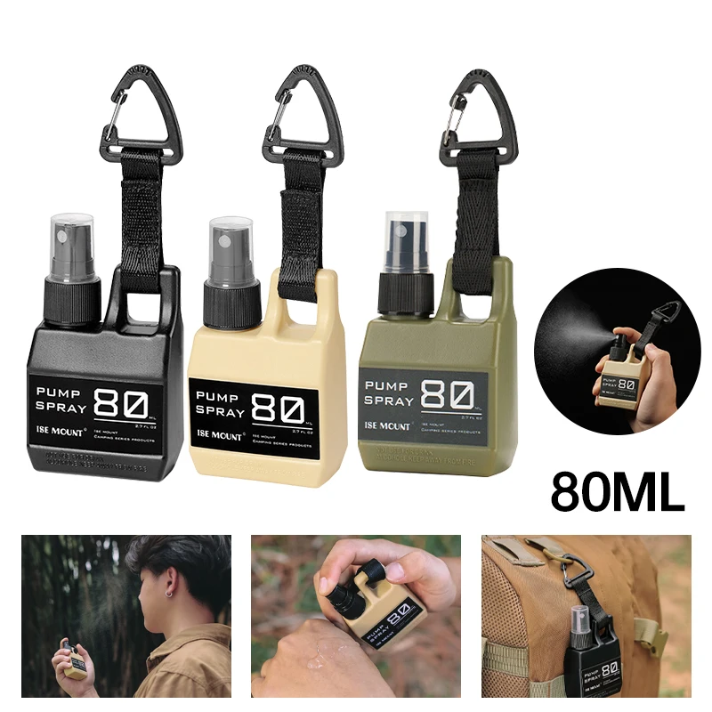 Botella pulverizadora para exteriores de 80ml, contenedor de cosméticos portátil, botella pulverizadora de Alcohol y Perfume, dispositivo para acampar y hacer senderismo, gancho para mochila