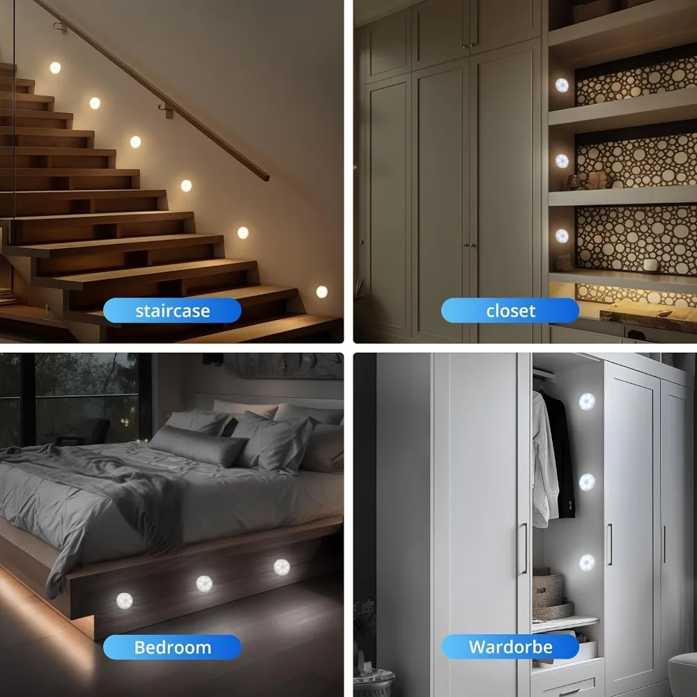 Juego de 3 luces con sensor de movimiento, 8 luces redondas LED USB, dos colores disponibles, brillo ajustable, adecuadas para inodoros, luces nocturnas