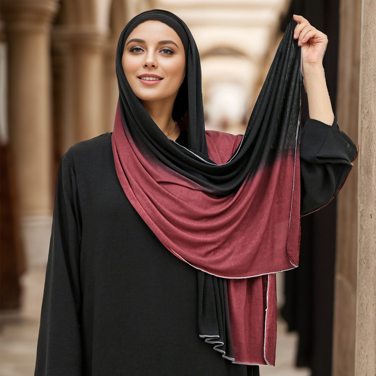 Muslimischer Hijab-Schal mit Farbverlauf für Damen, Premium-Jersey-Hijab-Schal, modisches Spleißen, Farbe, einfarbig, Turban, weicher Baumwoll-Jersey-Kopftuch