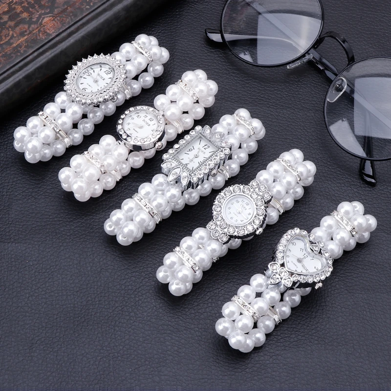 Mulheres pulseira de pérolas frisadas, relógios de pulso casuais, relógio de moda, relógio de pulso quartzo, relógios joias, pulseira