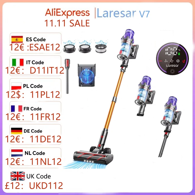 Laresar V7 500W 50KPA Aspirapolvere senza fili con potenza di aspirazione Elettrodomestico intelligente portatile Batteria rimovibile Tazza per la polvere