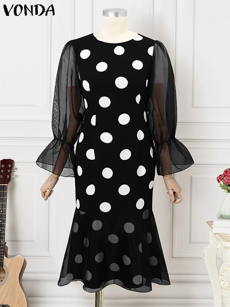 Plus Größe VONDA Frauen Abend Party Midi Kleid Casual Langarm Robe Oansatz Polka Dots Elegante Spitze Patchwork Böhmischen Vestido