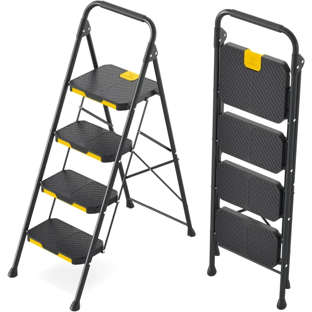 Escalera plegable de 4 escalones con cerradura de seguridad, capacidad de carga de hasta 360 kg, con escalones anchos antideslizantes, pasamanos, banco de acero