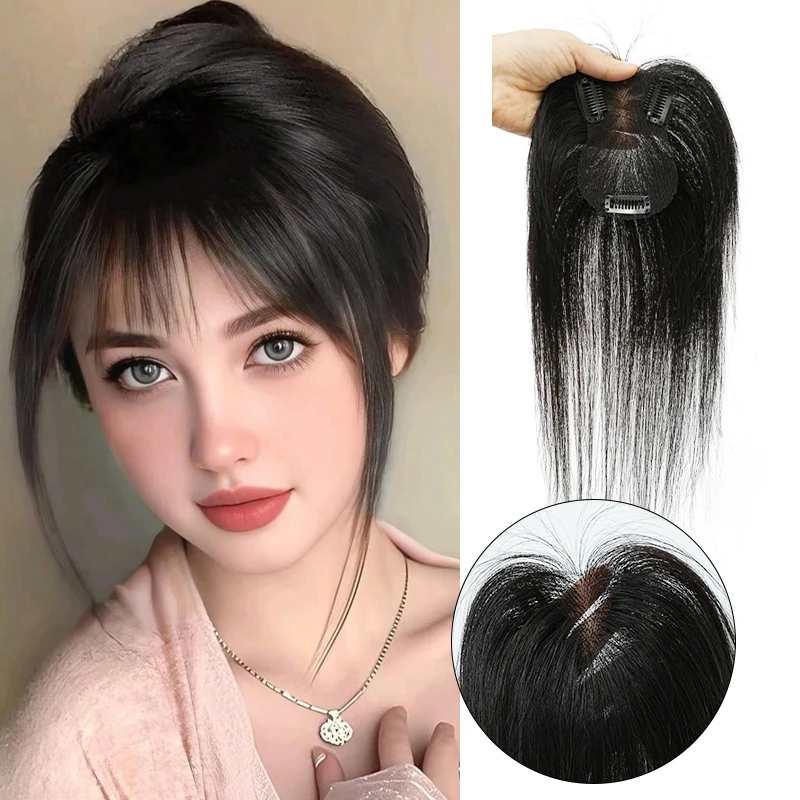 100% cabelo humano 7x10cm feito à mão renda suíça hairnet peruca 3 clipe na extensão do cabelo topper com franja peruca para mulher