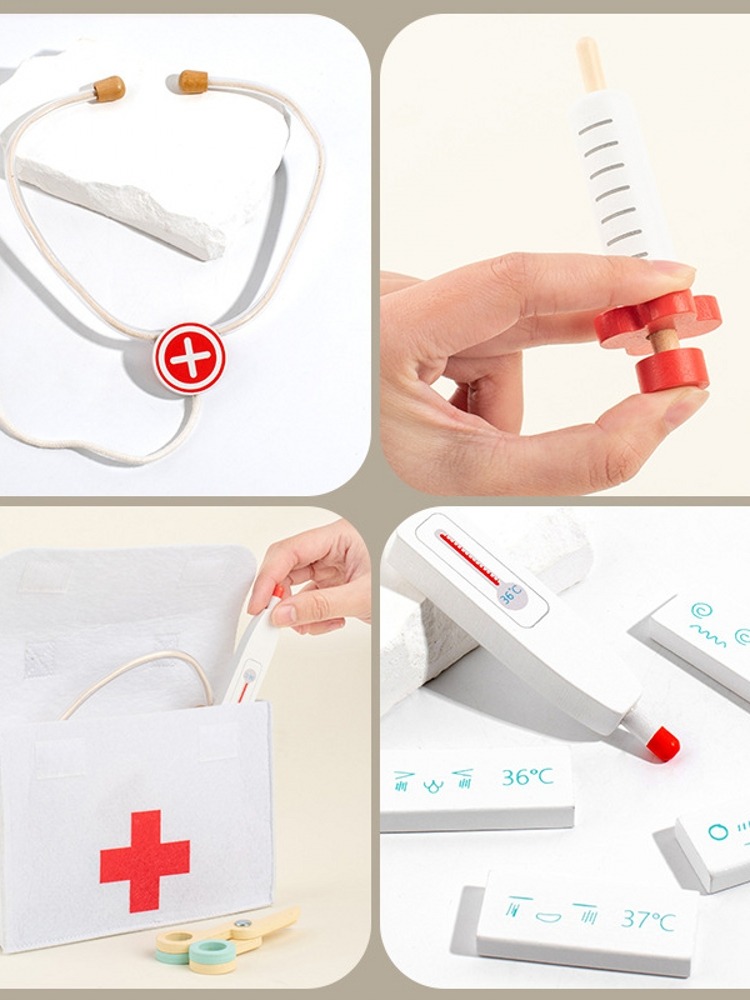 Kit medico in legno per bambini, prelievo set da gioco per i più piccoli con borsa medica per ragazzi e ragazze, divertente gioco di ruolo