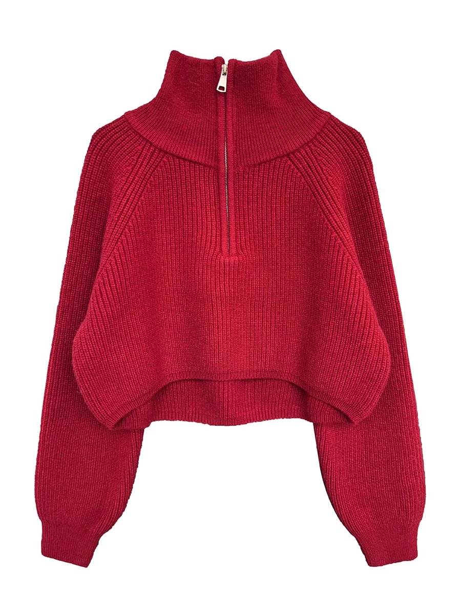 Red Knitted Sweater Women's High Waist Loose Fit Half High Collar Zipper Design Autumn Winter New Sle Commute Korean Version