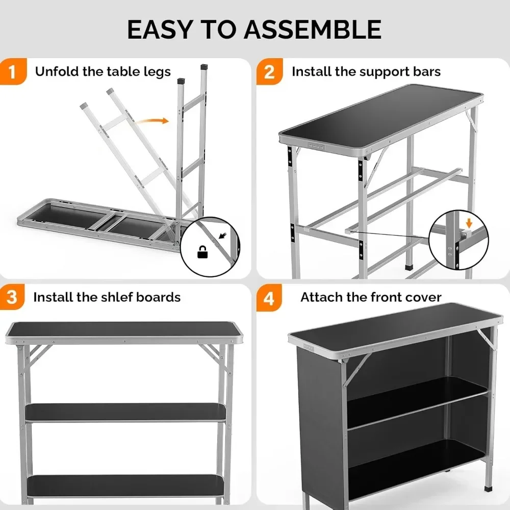 Portable Bar Table, 3-Tier Shelves, Mobile Bar Table for Events, Party, Camping, Picnic, Tradeshow, Indoor with Black Skirt