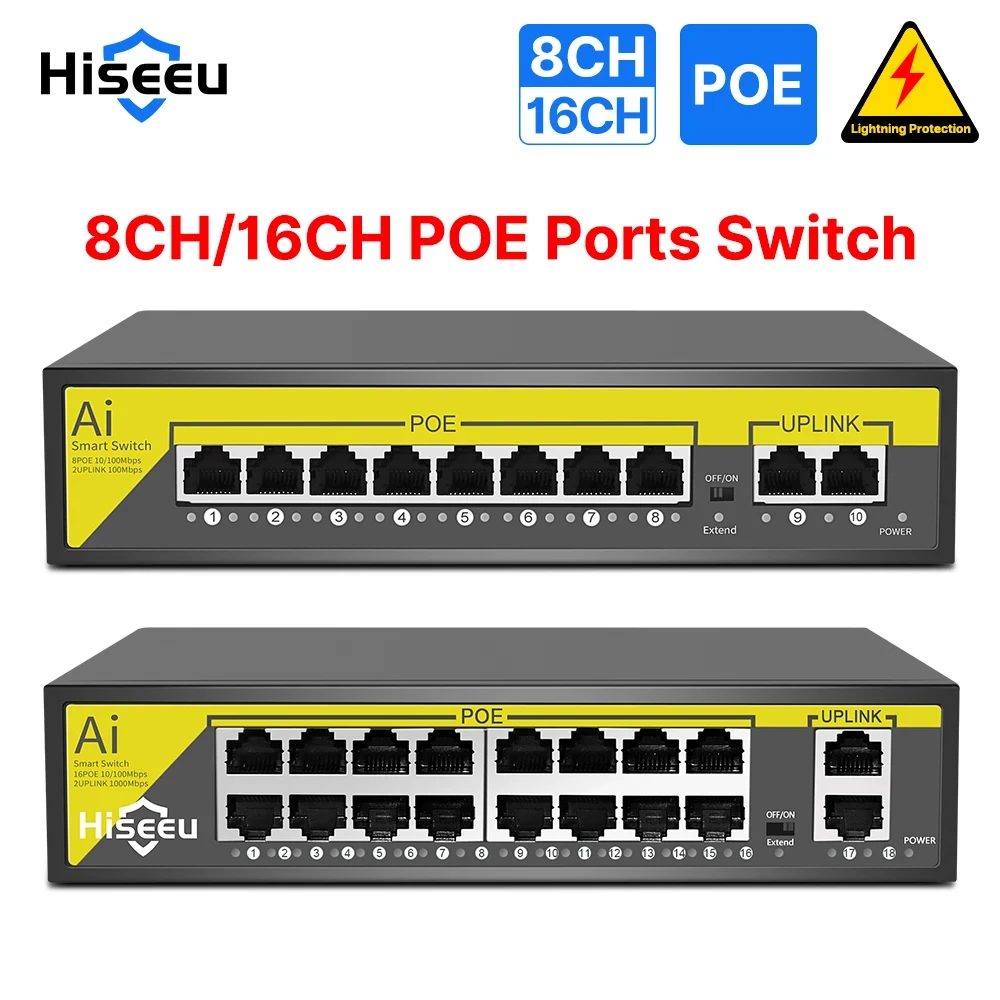 Порт Hiseeu 48 в 8 / 16 POE коммутатор Ethernet 10/100 Мбит/с IEEE 802,3 af / at для IP - камер