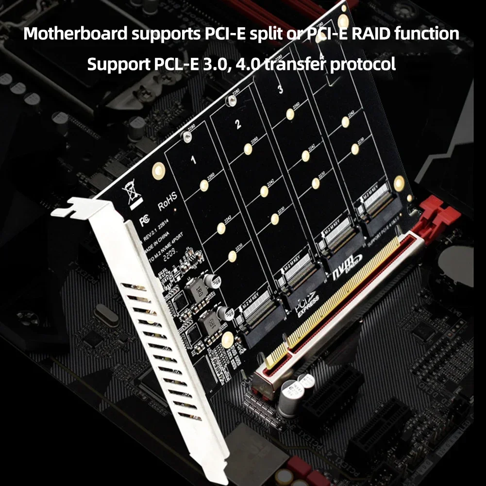 2230/2242/2260/2280 Host Controller Expansion Card LED Indicator 4 Port M.2 NVME SSD To PCIE X16 Adapter Converter Card Support