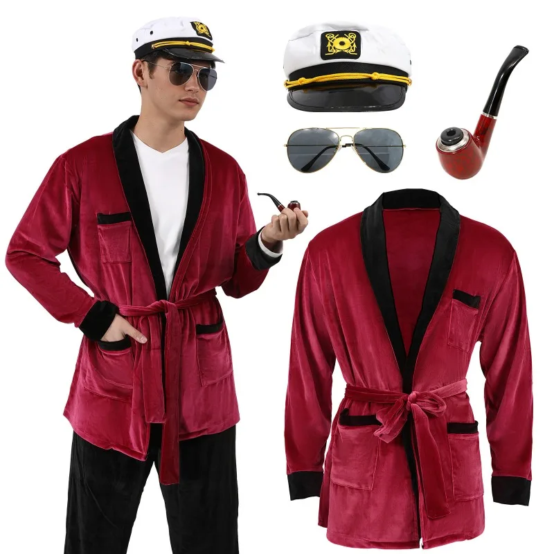 Hugh veludo capitão robe para homem presente hefner cosplay roupas de festa traje de halloween conjunto boné