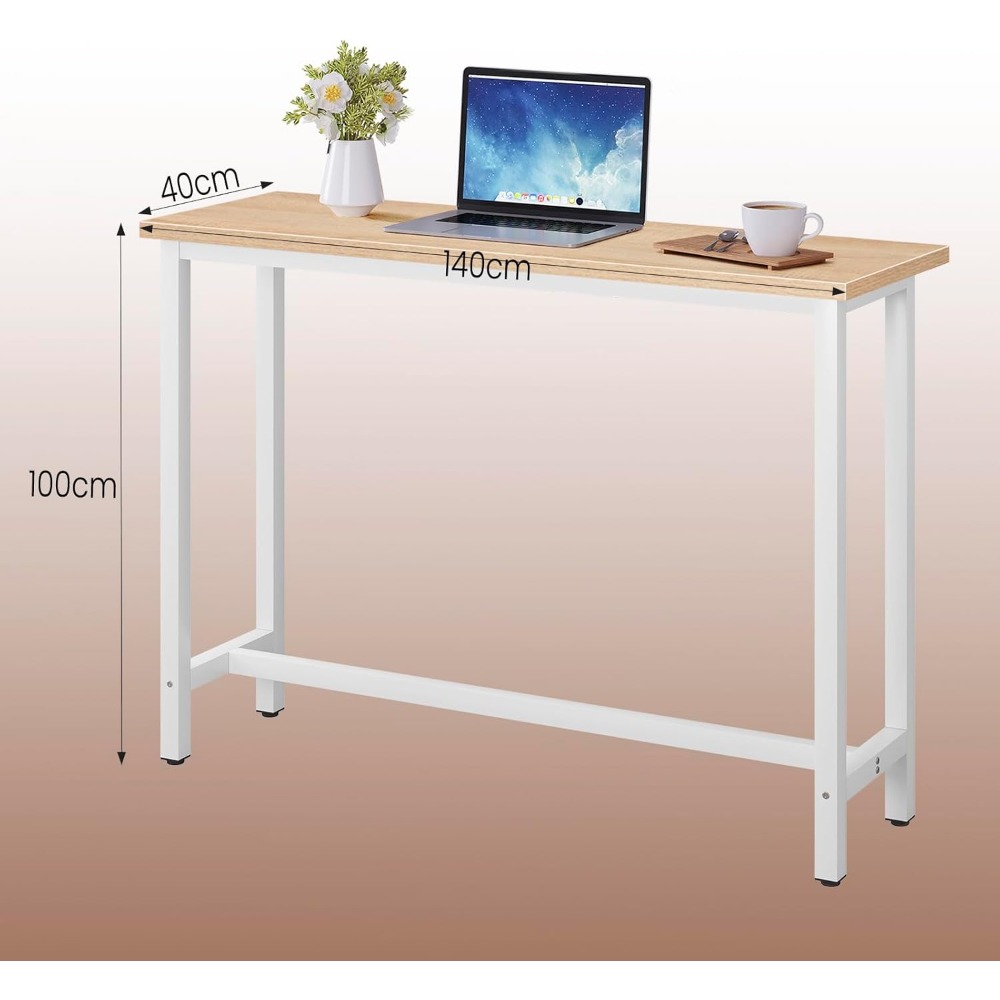 Mesa de bar, mesa de bistró, mesa de comedor, estructura de metal, MDF, 140x40x100 cm, roble + blanco